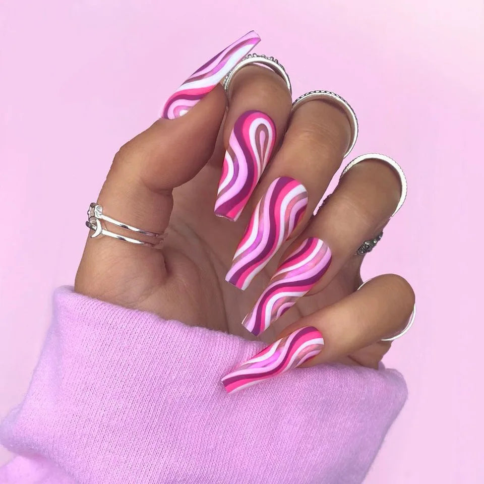 Wholesale Long Lasting Box of Wave Press on Nails Long Coffin Nails Vendor for Women with Glue-17
